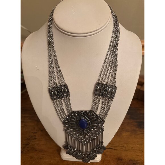 Boho Gypsy Coin Bib Necklace Bold Silver Statement With Blue Stone - Picture 16 of 16